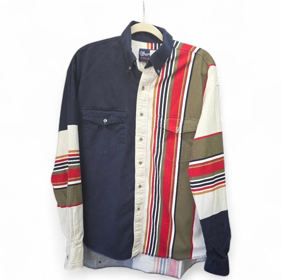Wrangler Western Button Up Shirt 16.5x35 Patchwork Stripe 100% Cotton Rustic - Picture 2 of 7
